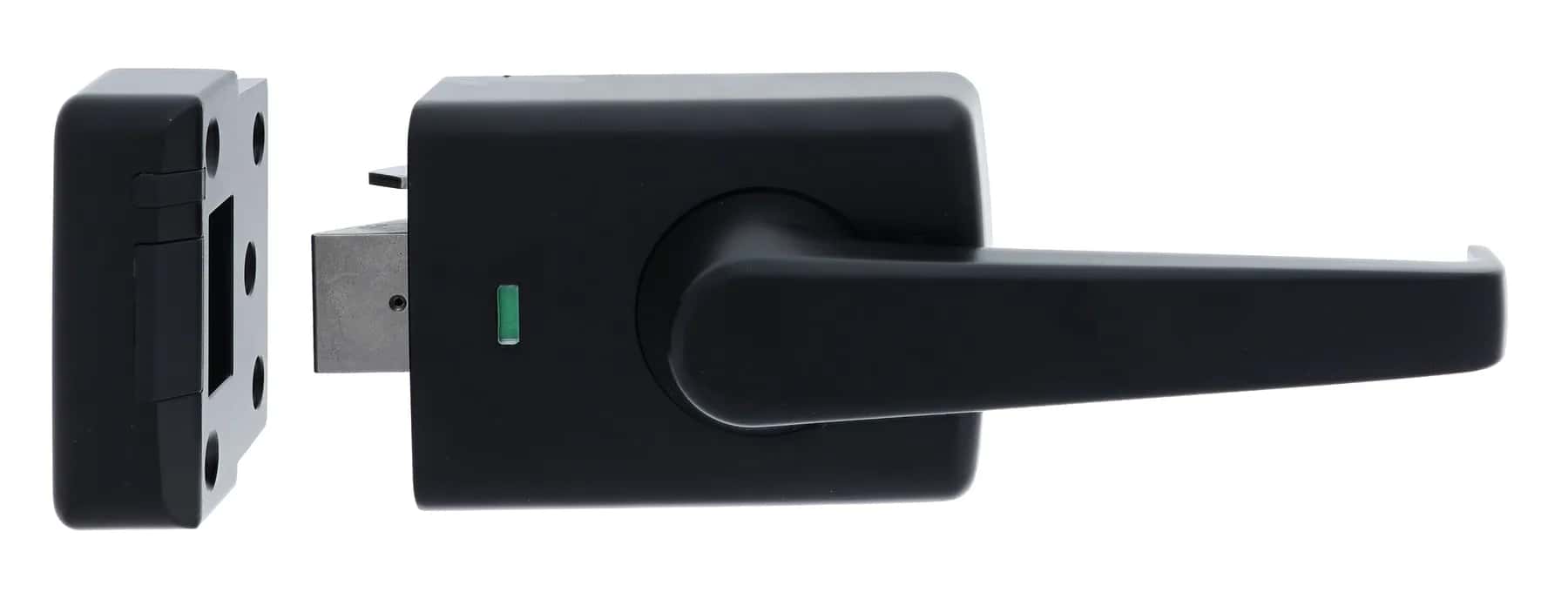Matte black deadlatch lever hardware
