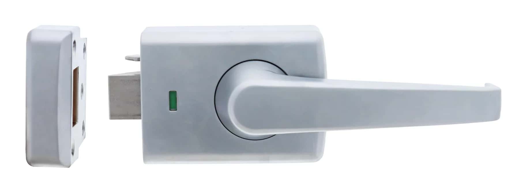 Satin steel deadlatch lever hardware