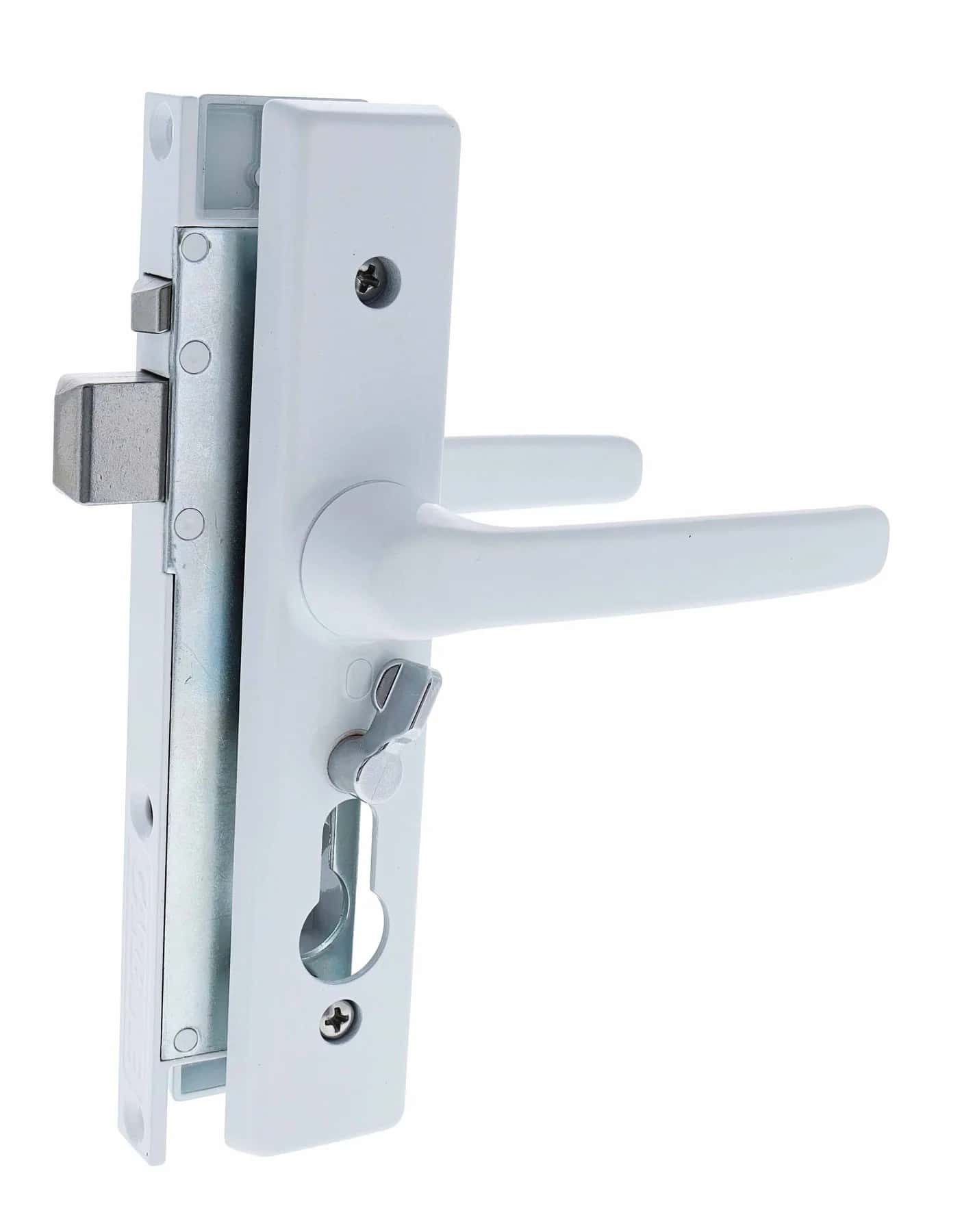 White screen door lock hardware