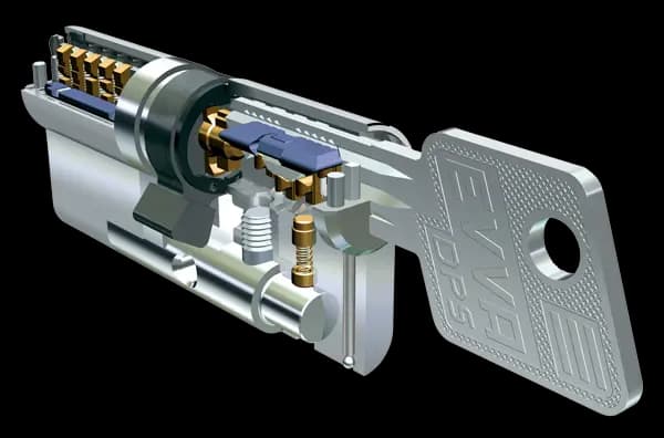 Cutaway lock cylinder showing rekeying and key pins