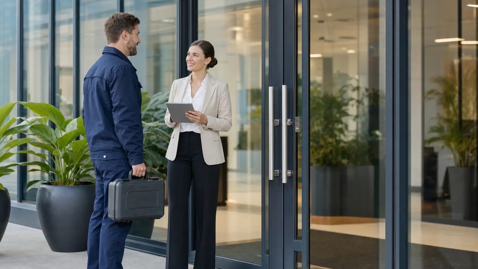 Commercial locksmith meeting an office site contact