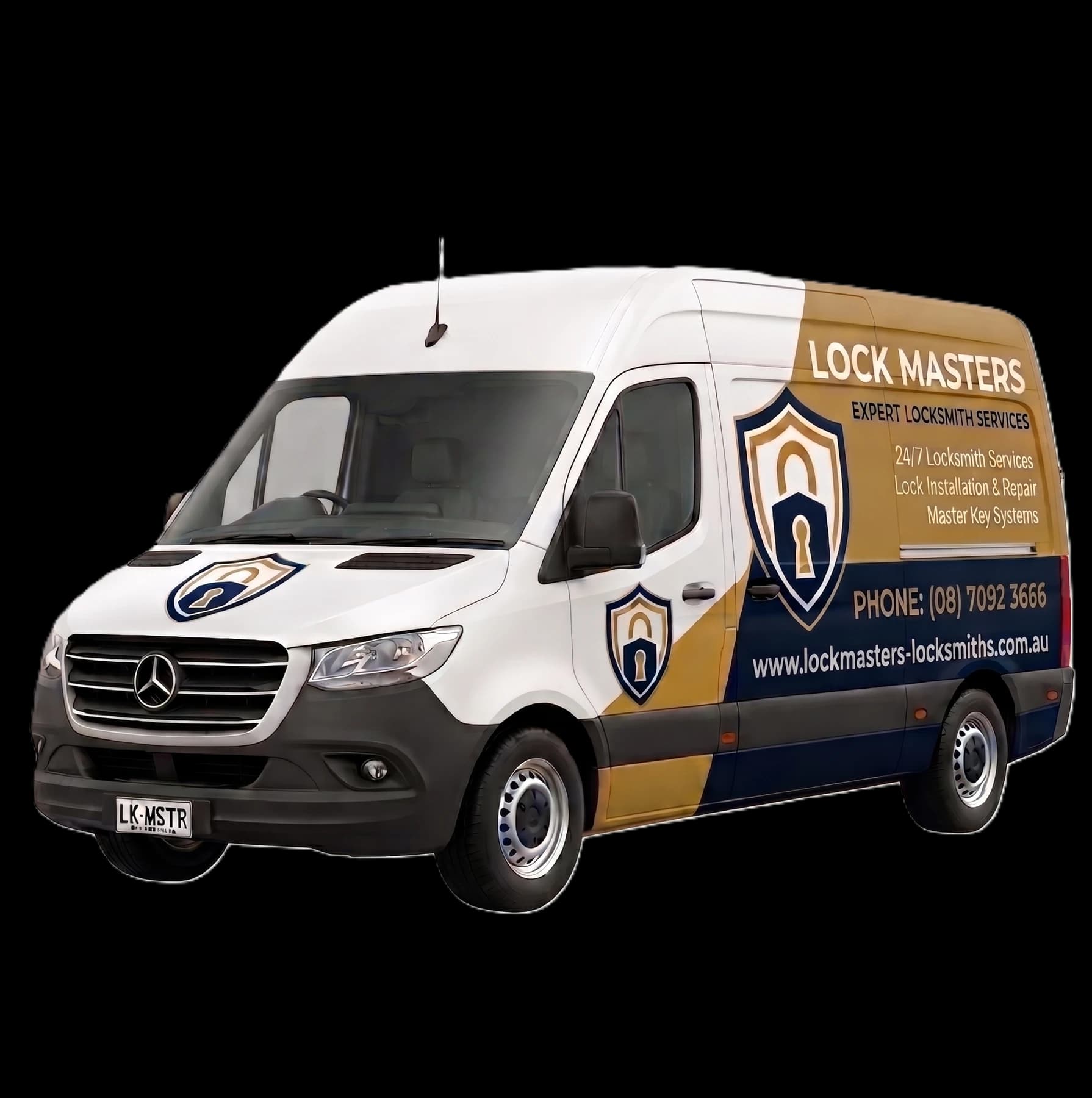 Lock Masters Adelaide mobile locksmith van facing the service text
