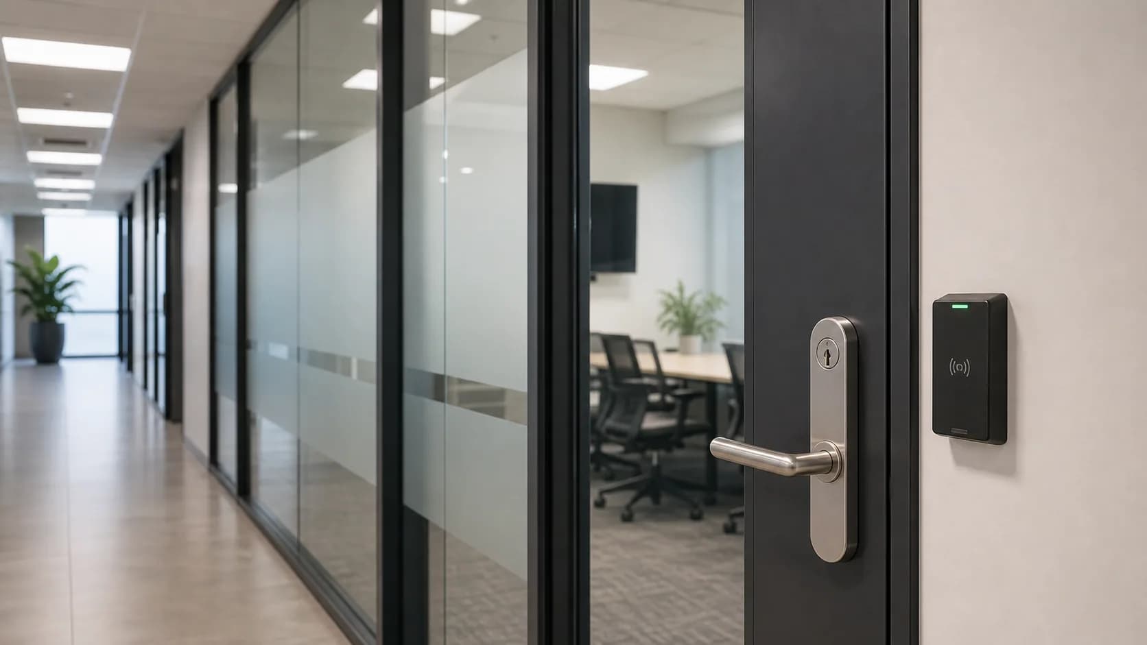 Commercial office entry door and access hardware