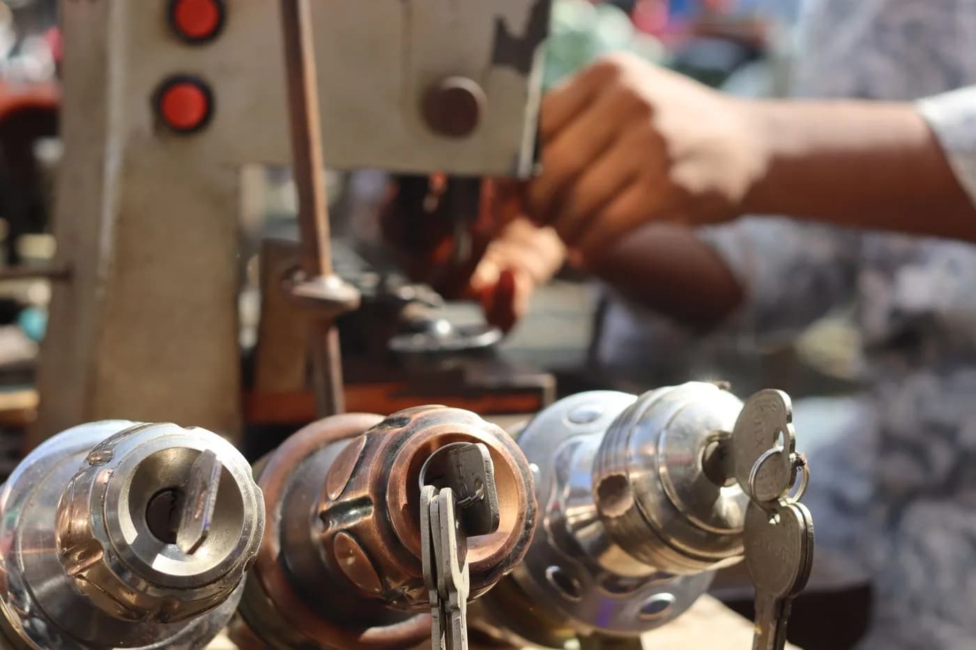 Lock cylinders and keys on a locksmith workbench