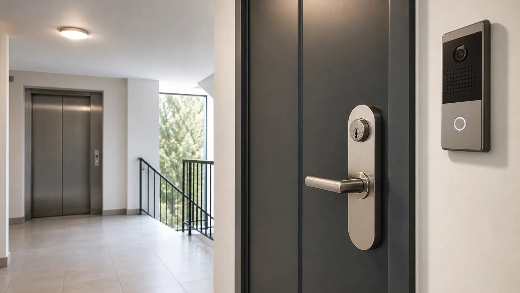 Modern apartment unit entry door with intercom access